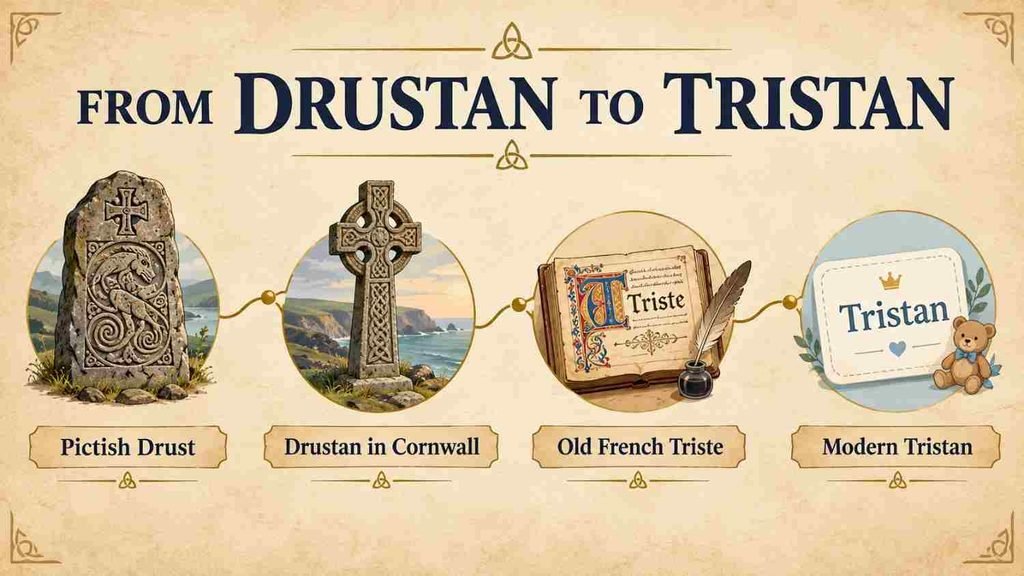 Timeline showing the Celtic origin behind the meaning of Tristan in the Bible, from Drustan to the modern name Tristan