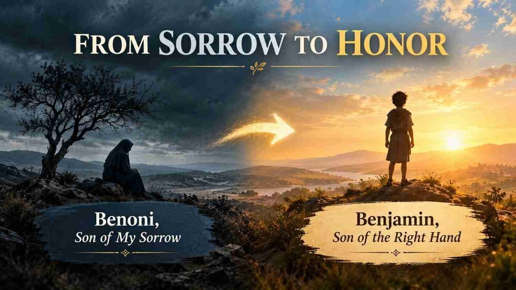 Illustration of Benoni becoming Benjamin, a biblical parallel to the sorrowful meaning of Tristan in the Bible