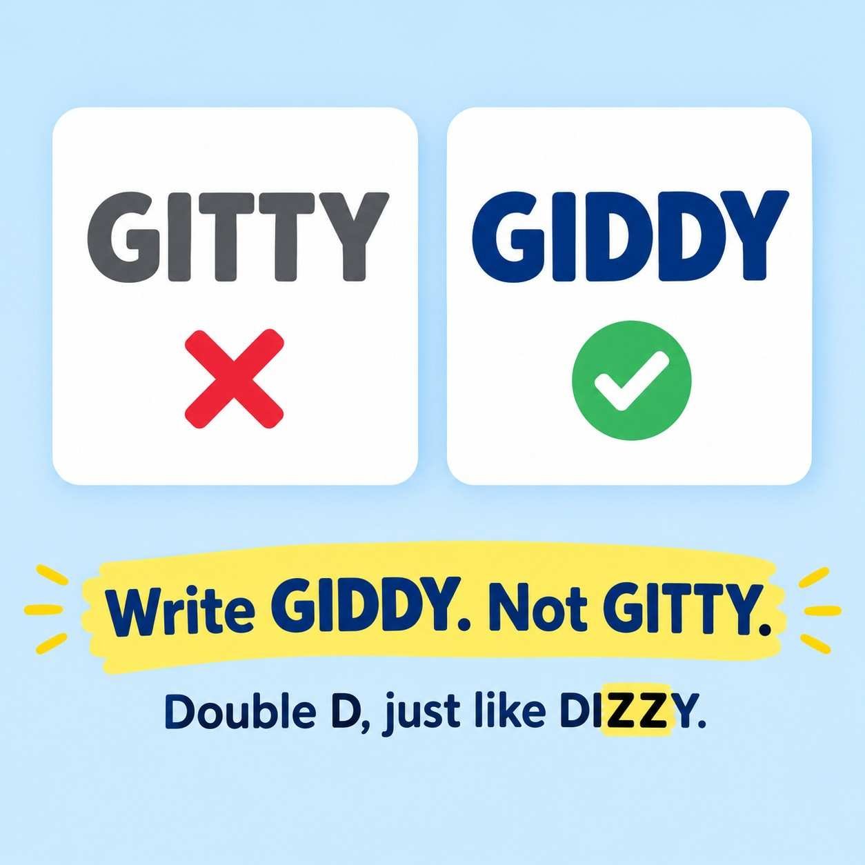 Gitty or giddy quick answer chart showing the double d in giddy matches the double z in dizzy