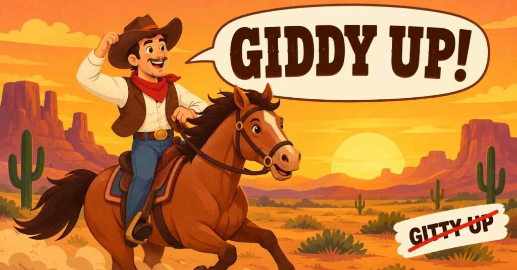 Cowboy shouting giddy up on a horse to show the gitty or giddy spelling rule for the phrase