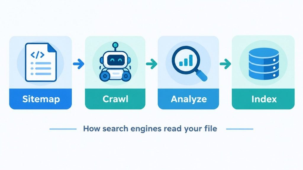 Flowchart showing how search engines read a sitemap generator upload article file from crawl to index