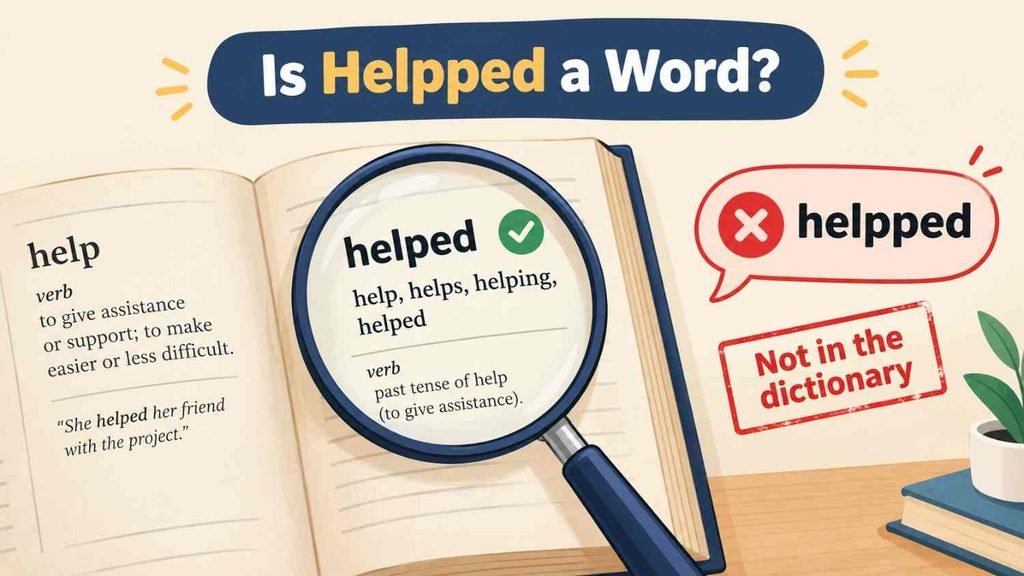 Dictionary page with a magnifying glass showing helped is listed while helpped is not, answering helpped or helped