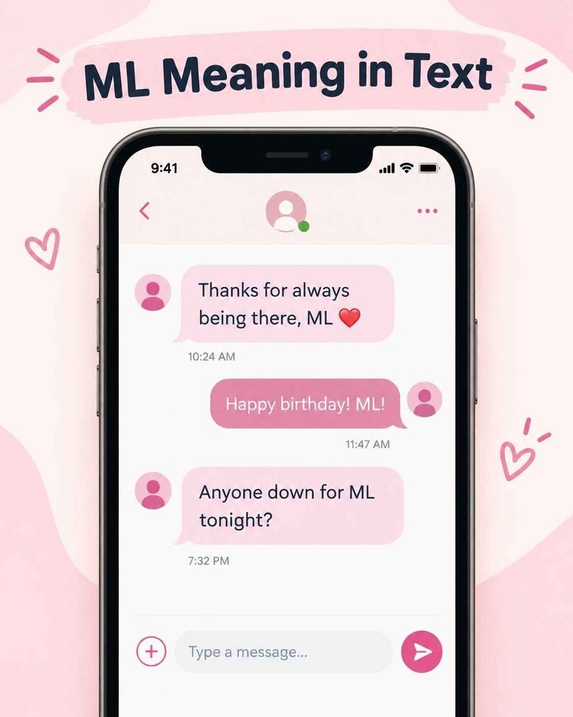 ML meaning in text messages shown as my love, much love, and Mobile Legends in chat bubbles