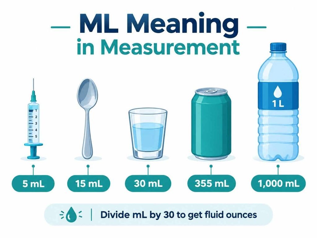ML meaning in measurement shown with a milliliter chart from a 5 mL syringe to a 1,000 mL bottle