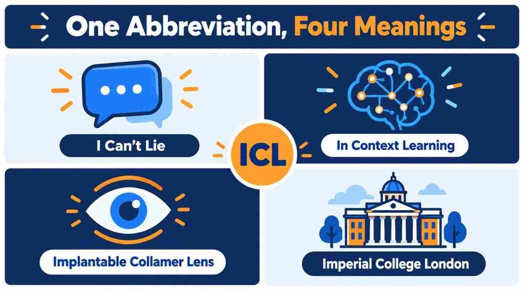 ICL meaning in AI, slang, eye care and education shown as four panels: in context learning, I can’t lie, collamer lens, Imperial College