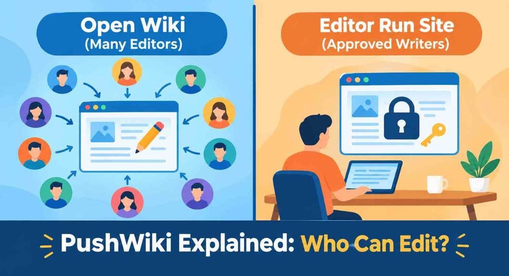 PushWiki explained: comparison of an open wiki with many editors and an editor-run site with approved writers