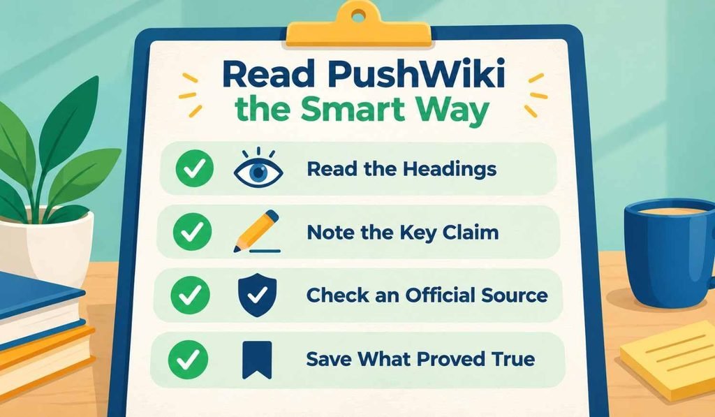 PushWiki explained checklist: read headings, note the key claim, check an official source, and save accurate pages