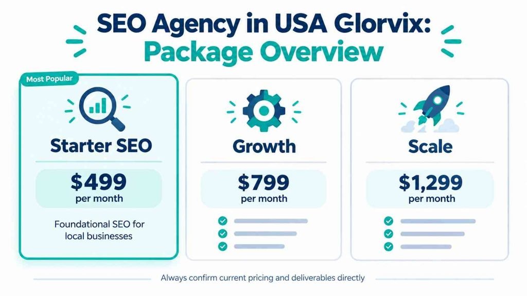 SEO agency in USA Glorvix package overview showing Starter SEO, Growth and Scale monthly plans
