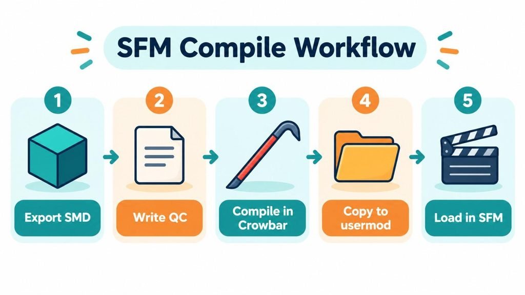 SFM compile workflow infographic showing five steps from exporting SMD files to loading the model in Source Filmmaker
