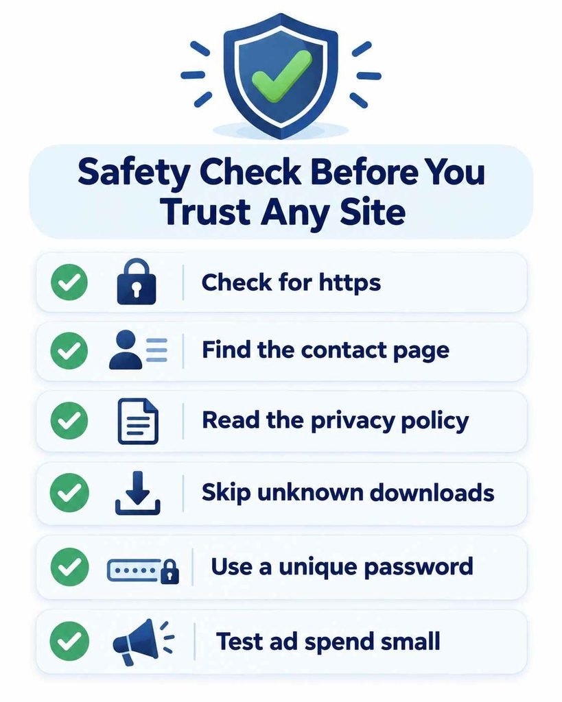 Safety checklist graphic for feedbuzzard com users covering https, contact page, privacy policy and passwords