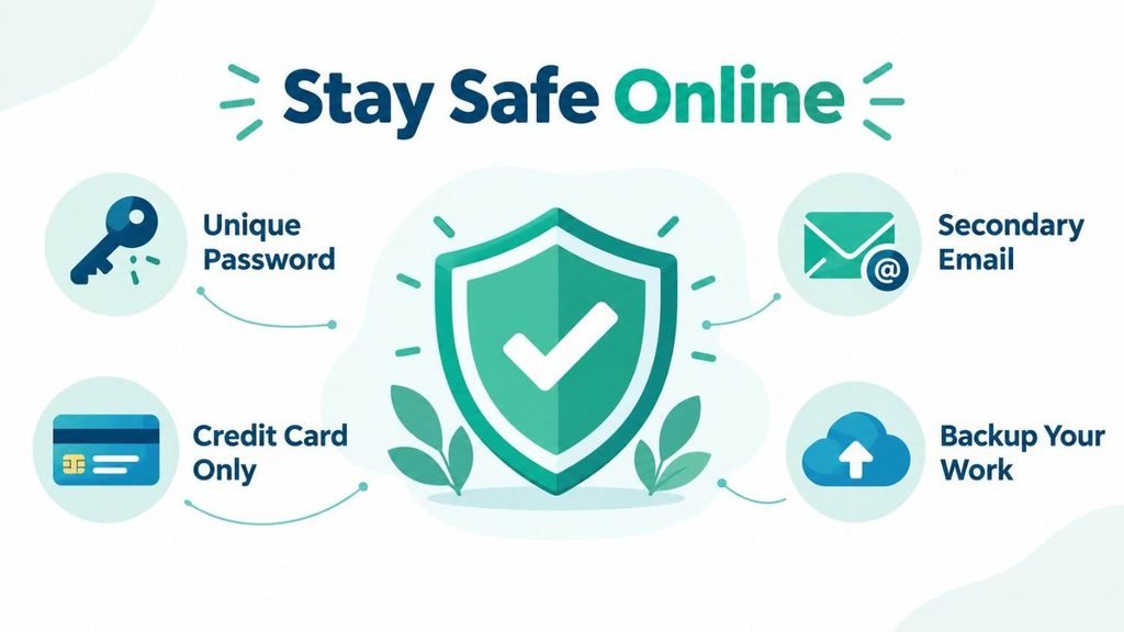 : Shield graphic with safety tips for using pixelspinx com safely, from pixelspinx com reviews