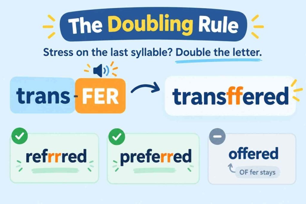 Transferred or transfered grammar diagram showing the stress rule that doubles the r in transferred