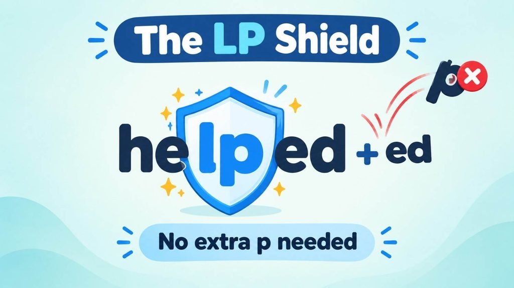 Memory trick graphic for helpped or helped showing the lp shield that stops an extra p in helped
