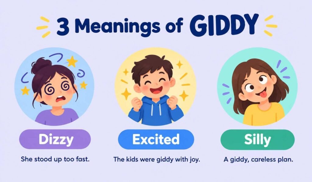 Giddy meaning infographic for gitty or giddy showing dizzy, excited, and silly examples