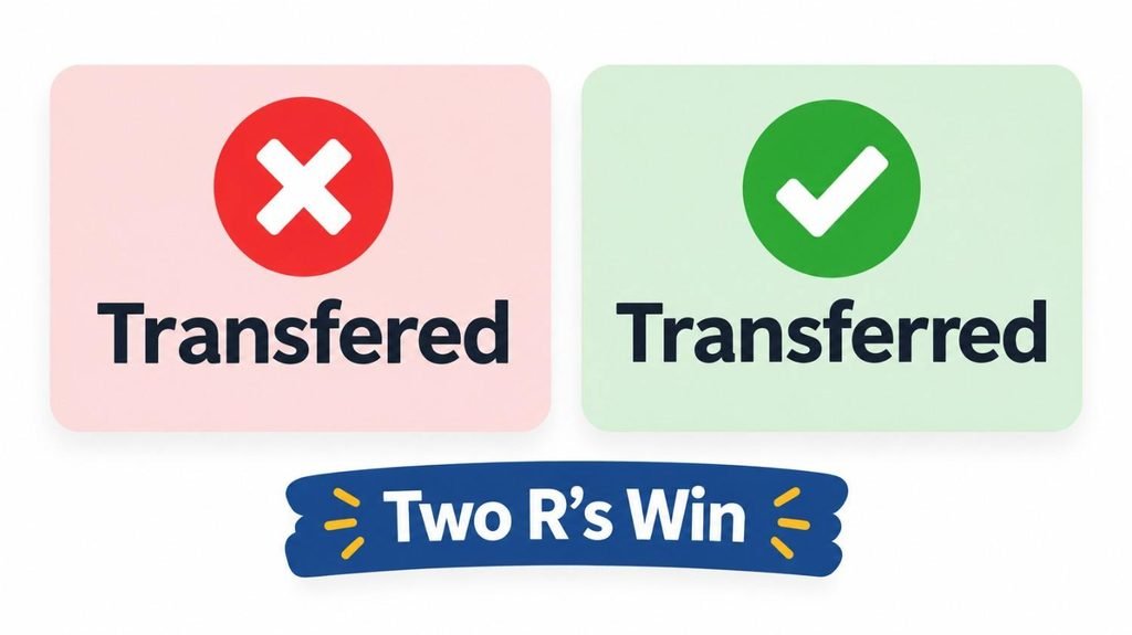 Transferred or transfered comparison card showing transferred with two r’s as the correct spelling
