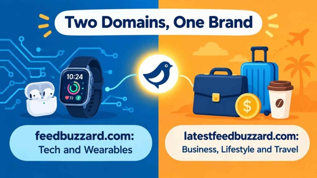 Feedbuzzard com infographic comparing the tech focused domain with the broader latestfeedbuzzard.com hub