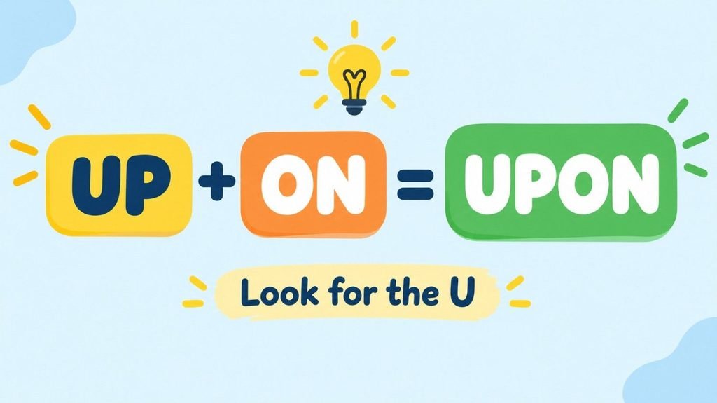 Upon or apon memory trick showing up plus on equals upon to help you spell it right