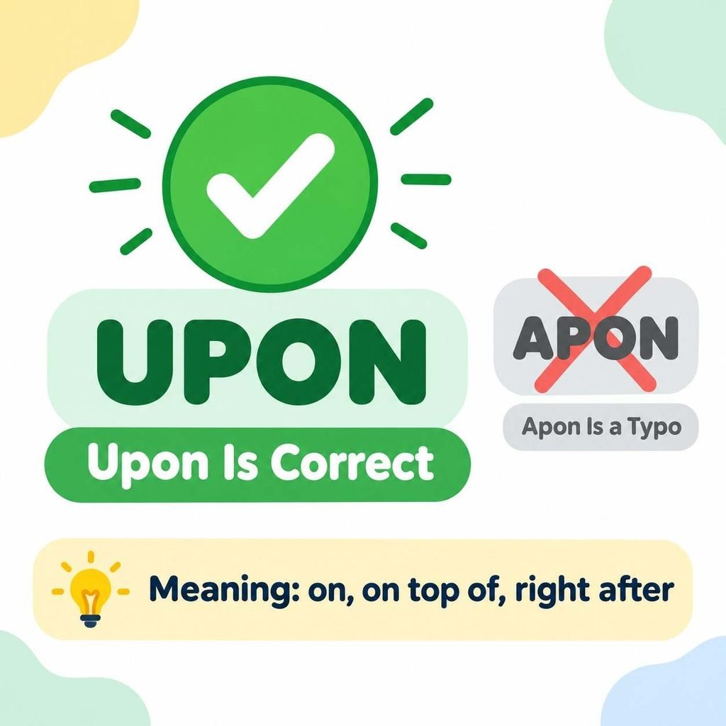 Quick answer graphic for upon or apon showing upon as the correct spelling and apon as a typo