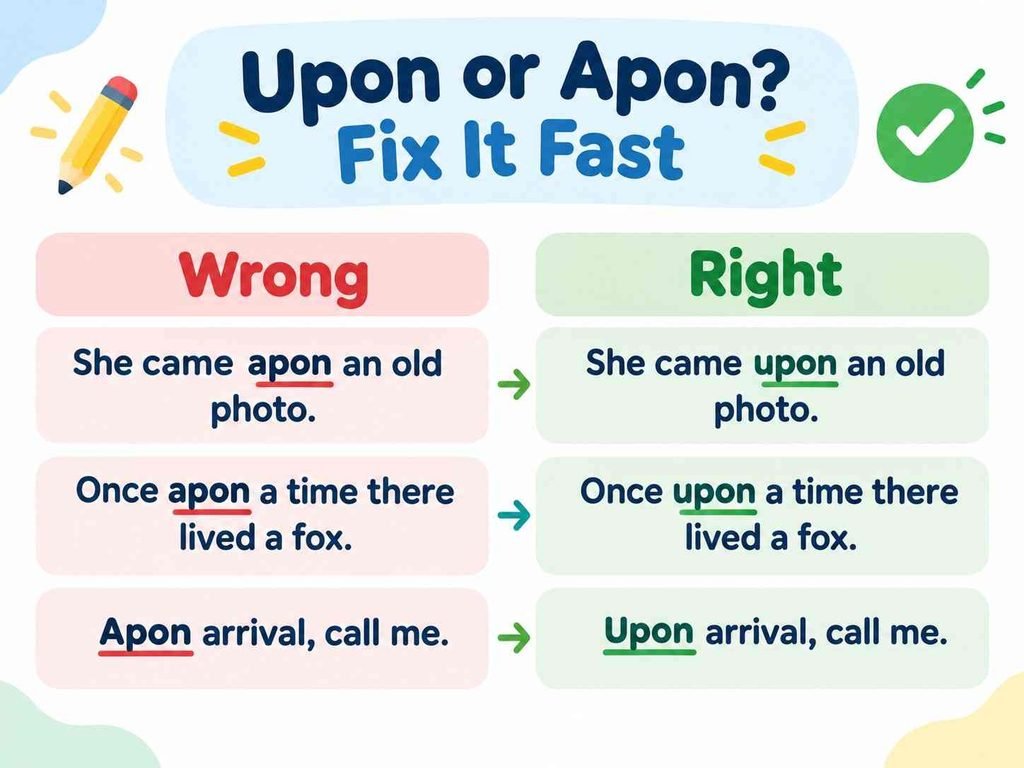 Upon or apon correction chart comparing wrong apon sentences with the right upon versions