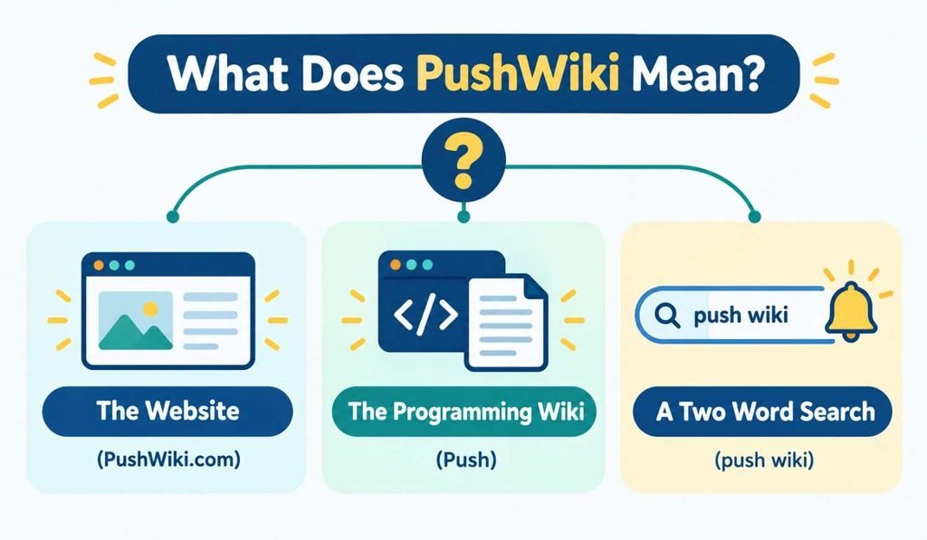 PushWiki explained infographic showing three meanings: the website, the Push programming wiki, and the two-word search