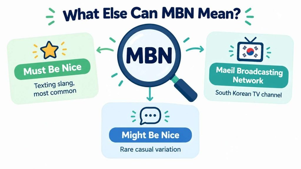 MBN meaning in text compared with other meanings, including must be nice, Maeil Broadcasting Network, and might be nice