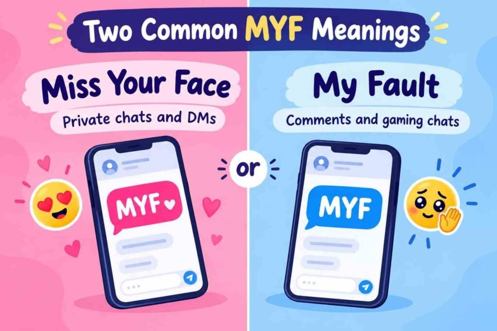 MYF meaning in text shown as two common meanings, Miss Your Face for private chats and My Fault for public comments