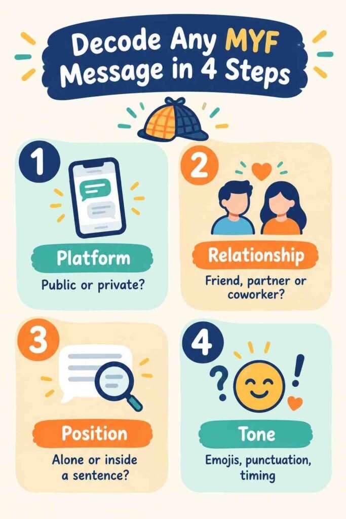 Four step guide to the MYF meaning in text, checking platform, relationship, position and tone to decode the message