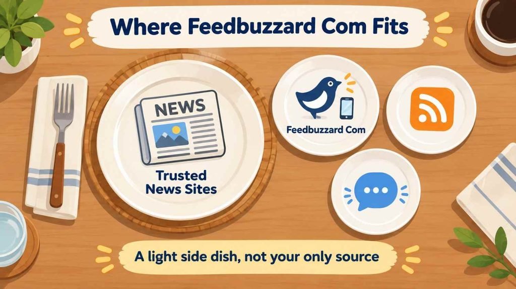 Feedbuzzard com compared with trusted news sites, RSS readers and social feeds as a light side source