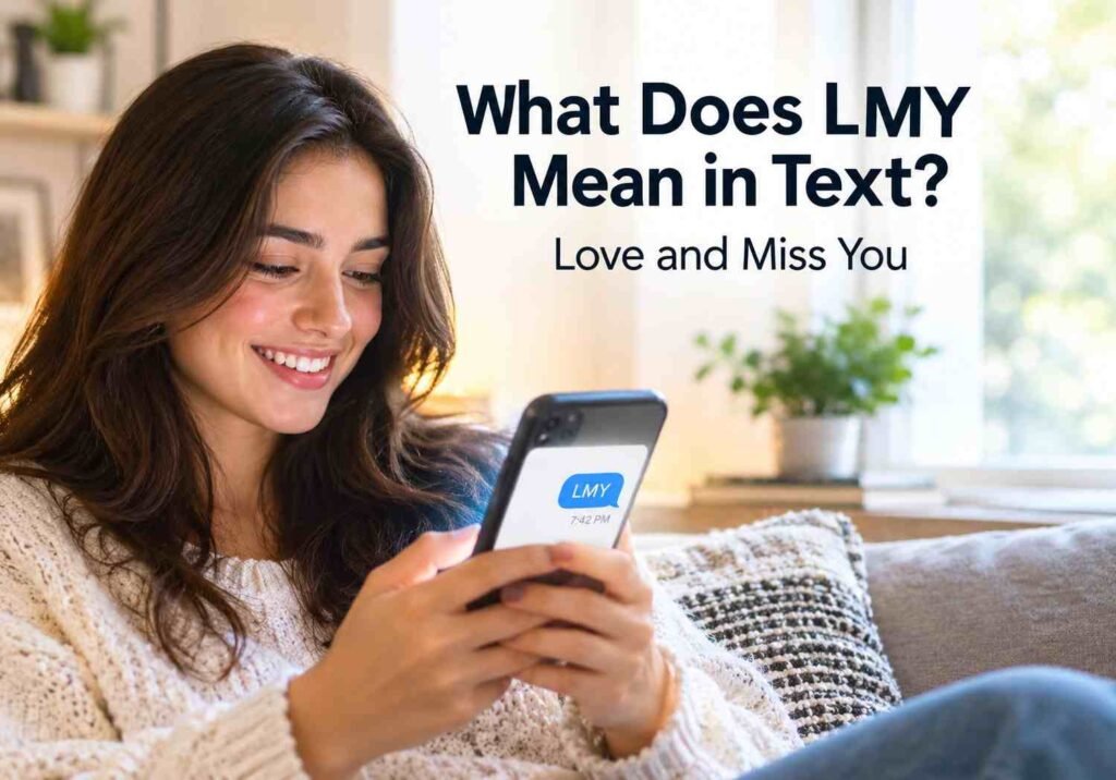 Person smiling at phone showing lmy meaning in text message