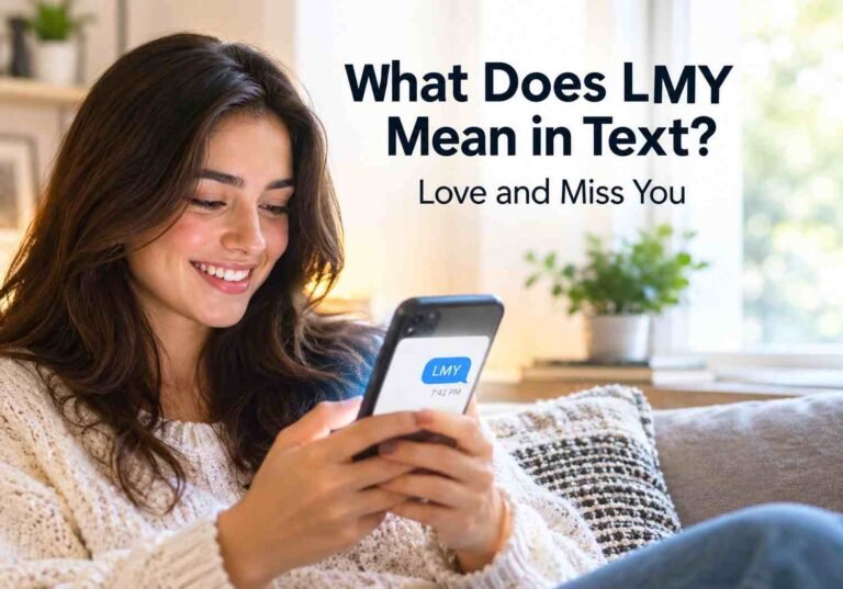 Person smiling at phone showing lmy meaning in text message