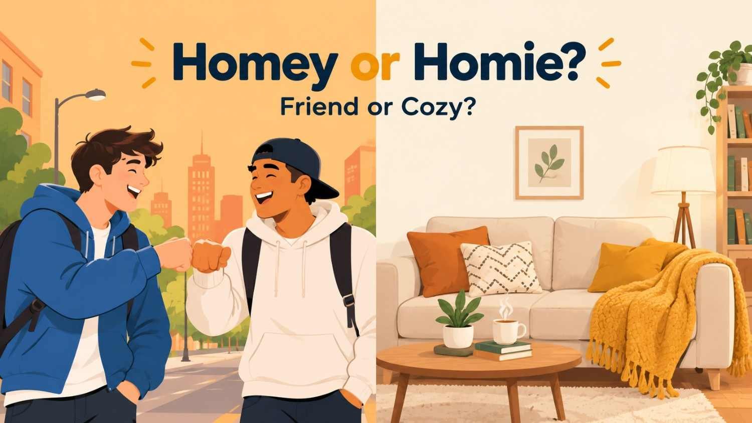 Homey or homie split image showing two friends on the left and a cozy living room on the right