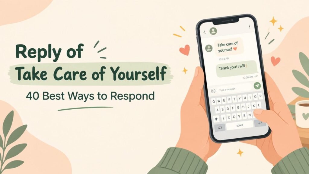 Smartphone chat screen showing the best reply of take care of yourself, with 40 ways to respond to this friendly goodbye