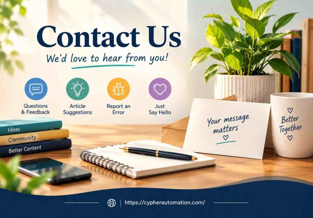 Contact Us page featuring a warm, inviting workspace with messaging icons, notebook, envelope, and plant for connecting with Cypher Automation.
