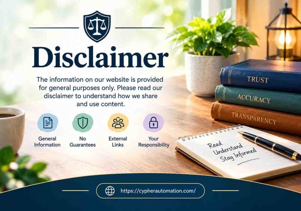 Disclaimer page explaining website information, content accuracy, external links, and user responsibility