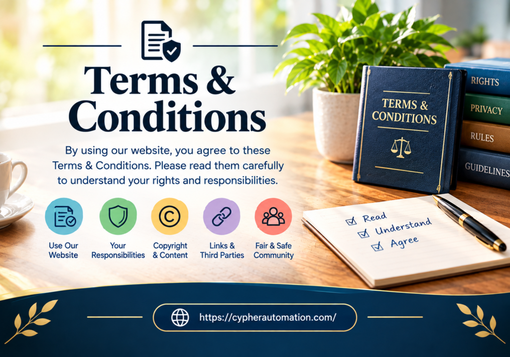Terms & Conditions page explaining website rules, user responsibilities, copyright, privacy, and third-party links