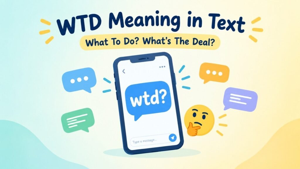 WTD meaning in text shown on a smartphone chat screen with the words wtd and a question mark