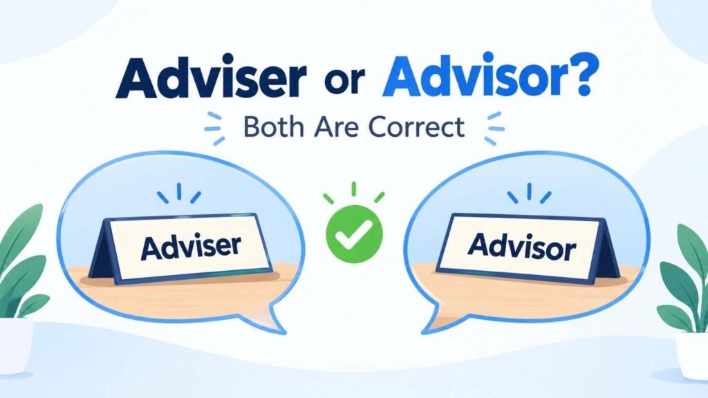 Advisers vs advisors: what’s the difference? Two nameplates reading adviser and advisor with a green checkmark showing both spellings are correct.