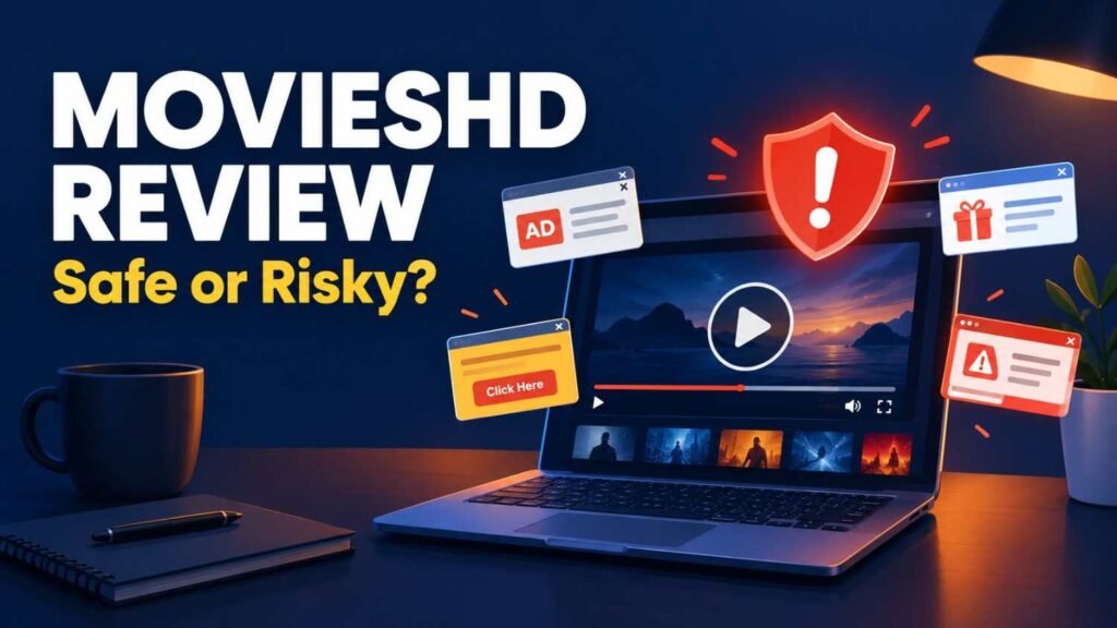 MoviesHD review featured image showing a laptop with a warning shield over a movie player