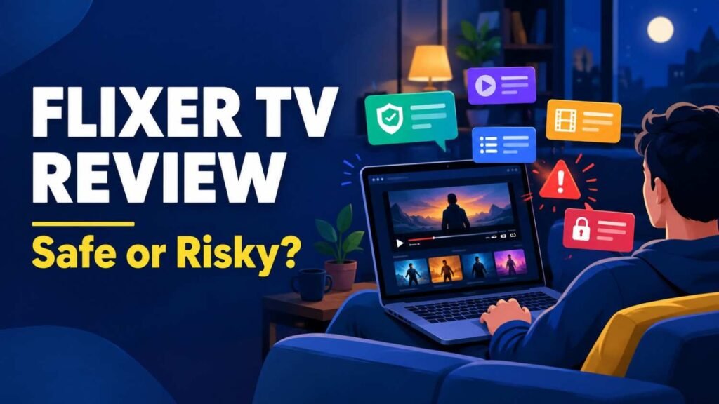 Flixer TV review header image showing a laptop with movie popups and a warning icon