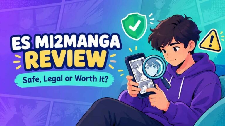 ES Mi2Manga review banner showing a reader checking a manga site for safety and legality