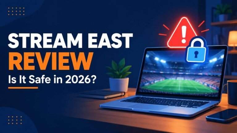 Stream east review feature image showing a laptop with a sports stream and a safety warning for 2026
