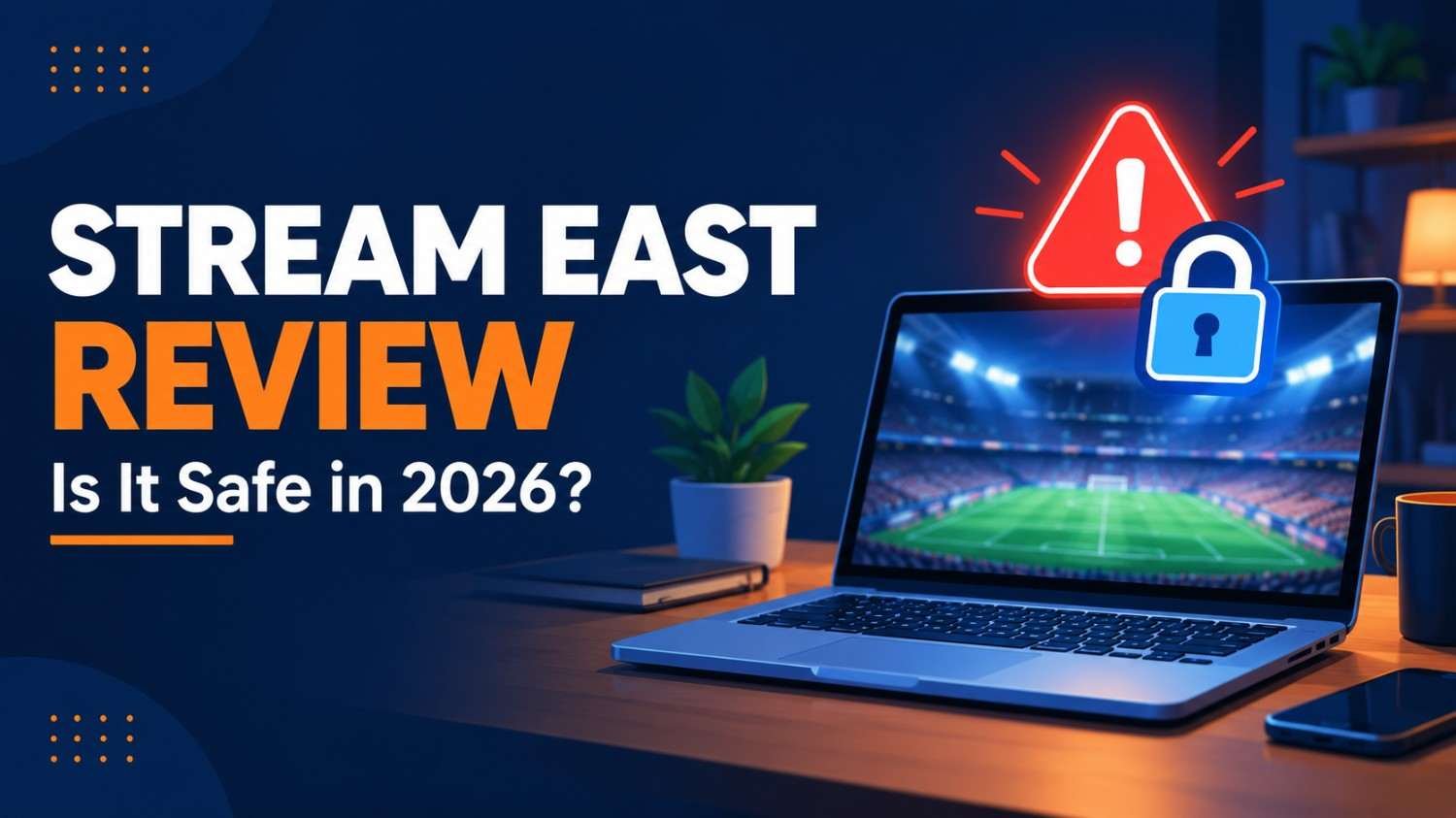 Stream east review feature image showing a laptop with a sports stream and a safety warning for 2026