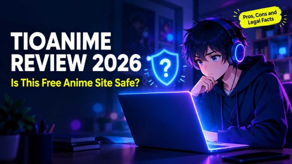 TioAnime review 2026 featured image showing an anime fan streaming on a laptop with a safety question shield
