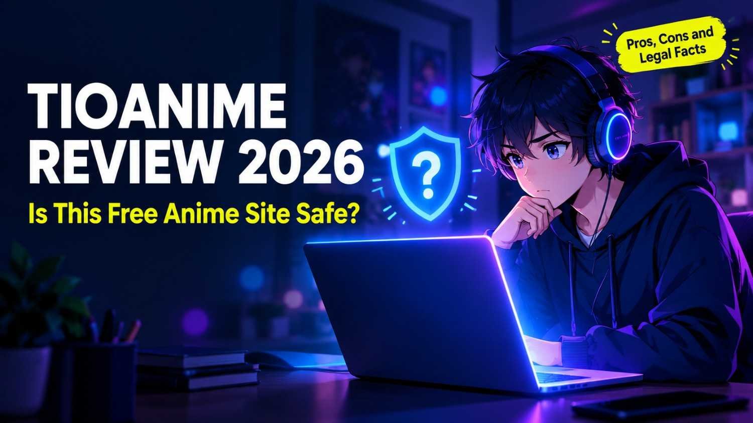 TioAnime review 2026 featured image showing an anime fan streaming on a laptop with a safety question shield