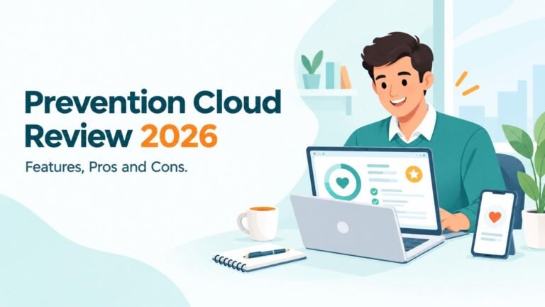 Prevention Cloud review 2026 featured image showing an employee checking a wellness dashboard on a laptop and phone
