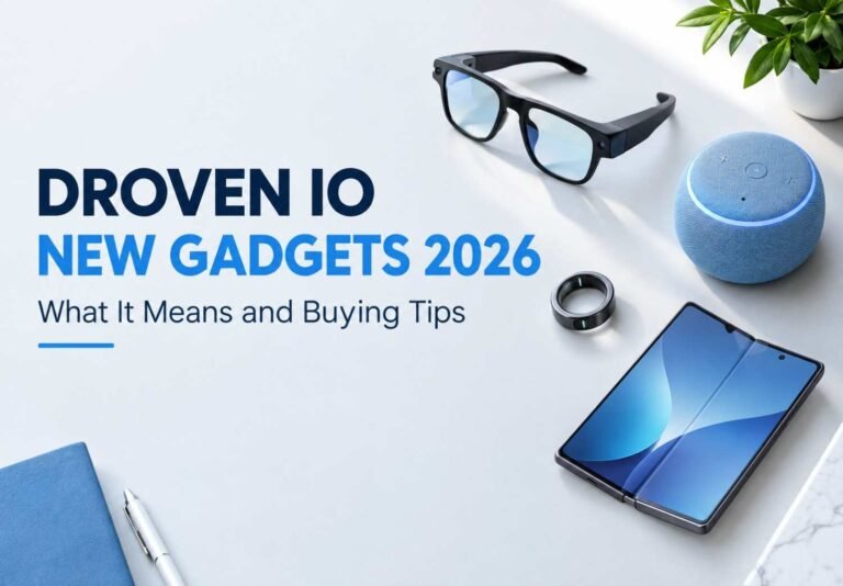 Flat lay of smart glasses, fitness ring and foldable phone representing droven io new gadgets 2026