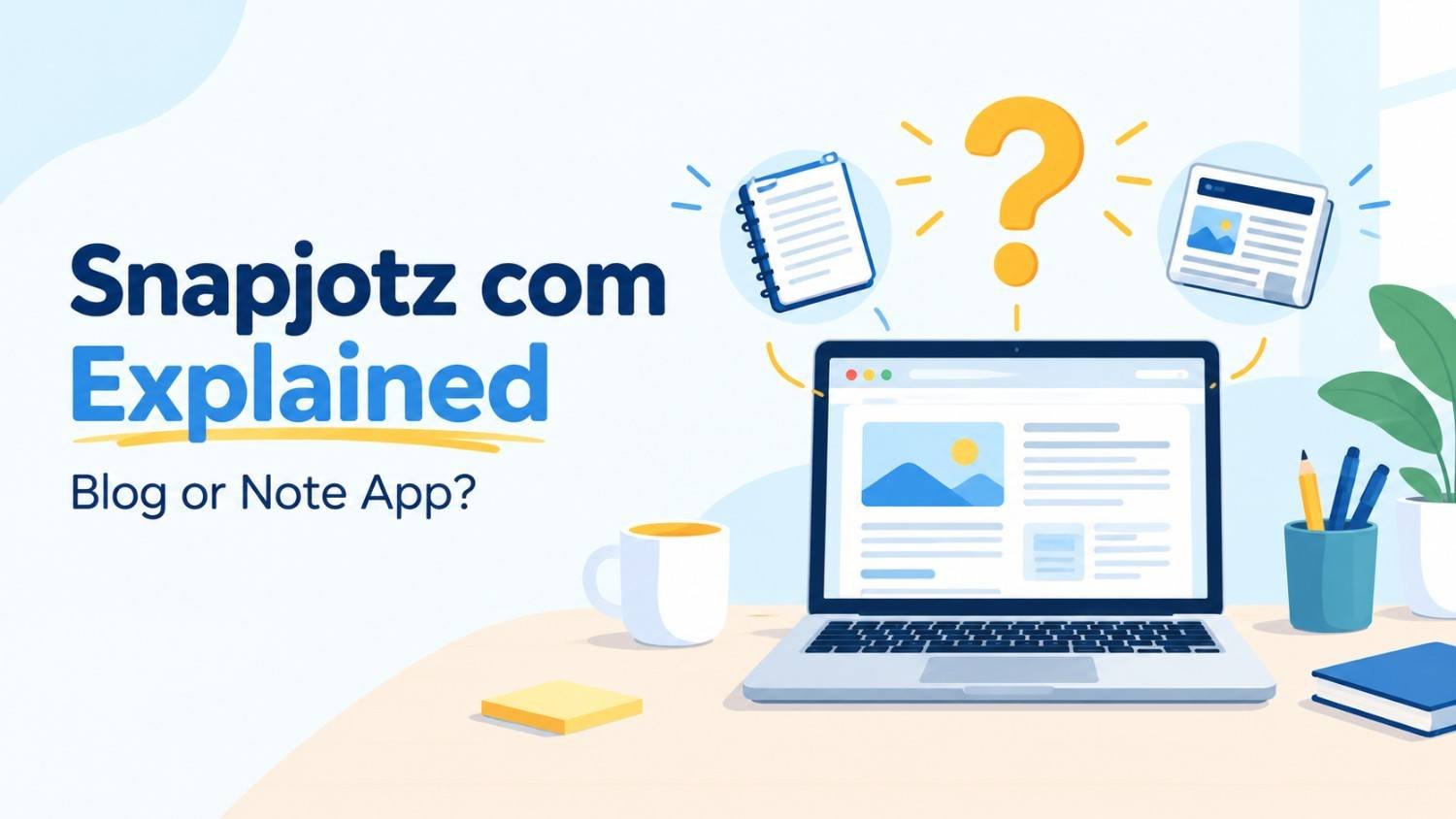 Snapjotz com explained: laptop showing a mystery website with a question mark over a blog or note app