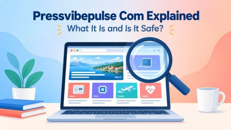 Pressvibepulse com explained with a laptop and magnifying glass showing what the website is