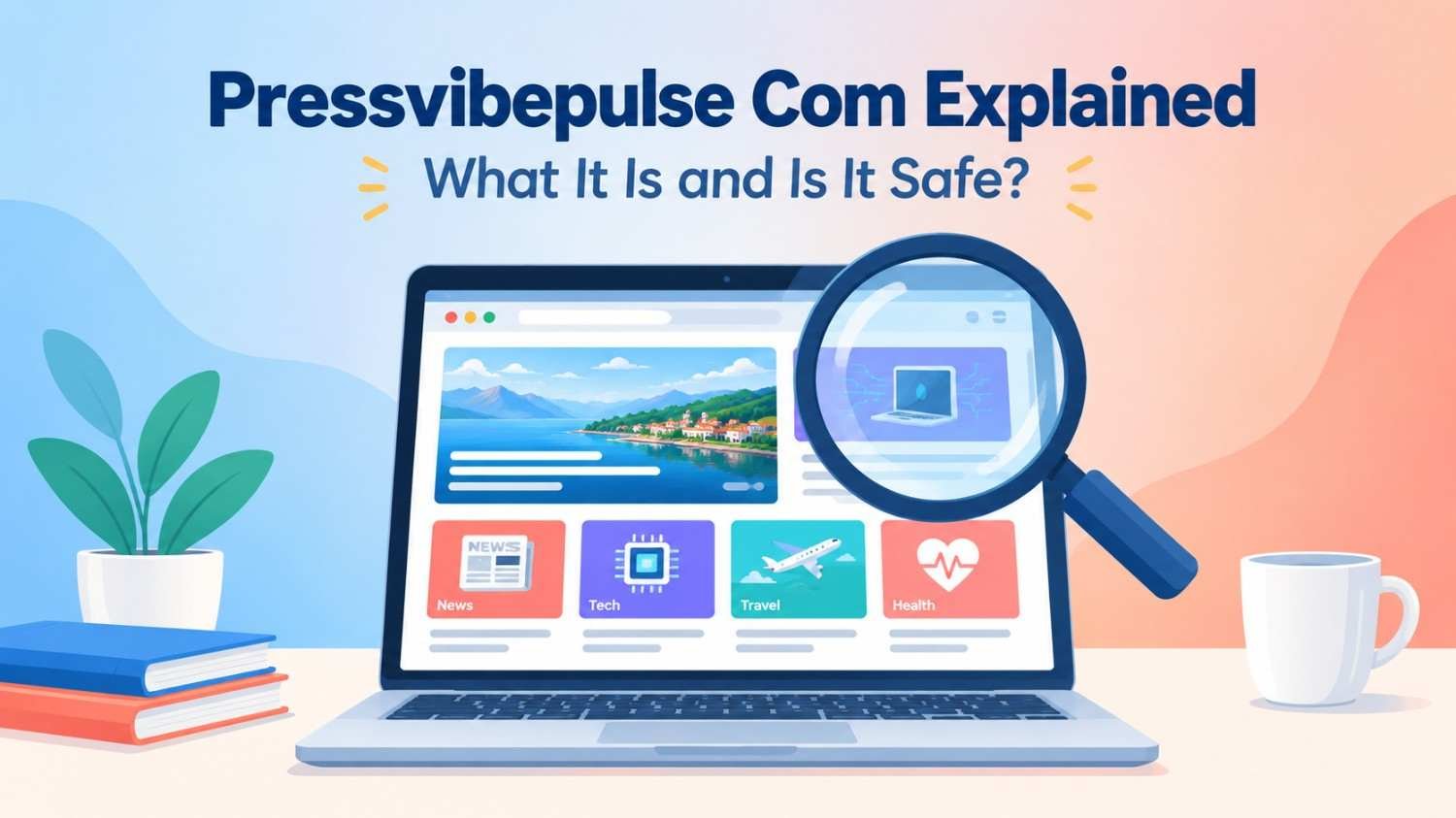 Pressvibepulse com explained with a laptop and magnifying glass showing what the website is