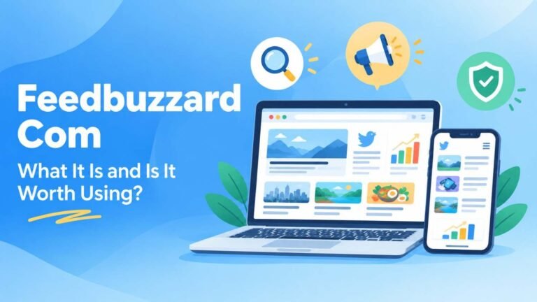 Feedbuzzard com featured banner showing a laptop and phone with tech news cards and trend charts